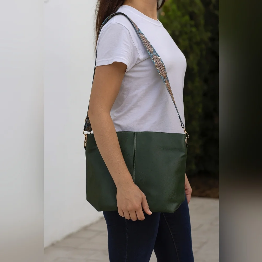 Unisex Army Green Tote Bag with Patterned Boho Strap - Picture 16 of 16